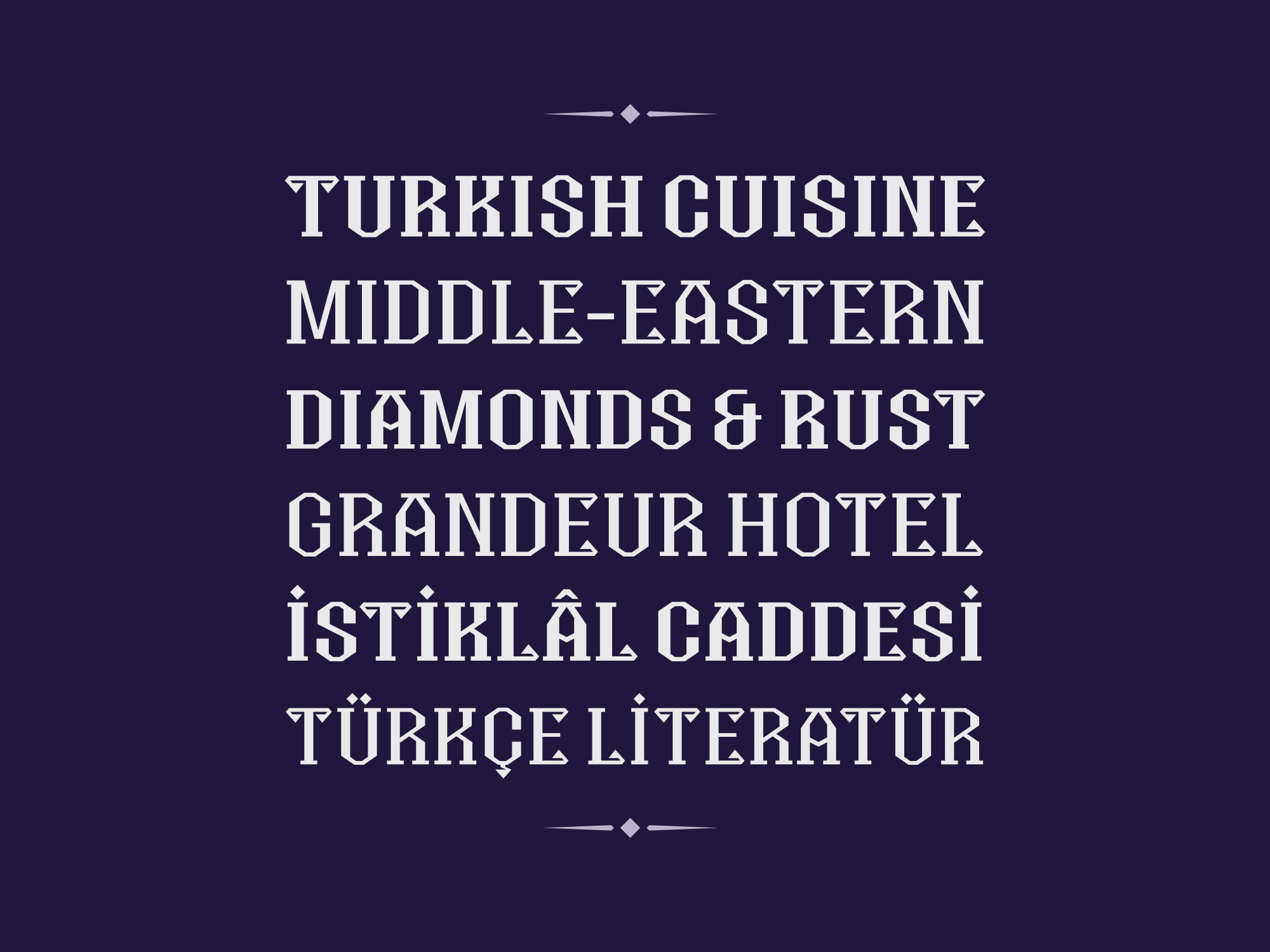 Random words displayed in Anatolian display serif font inspired by Turkish kilim motifs