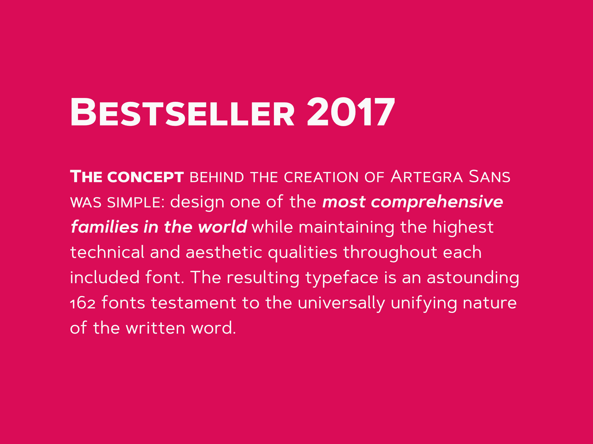 Artegra Sans font promotional graphic highlighting its 2017 bestseller status and comprehensive family of 162 fonts.