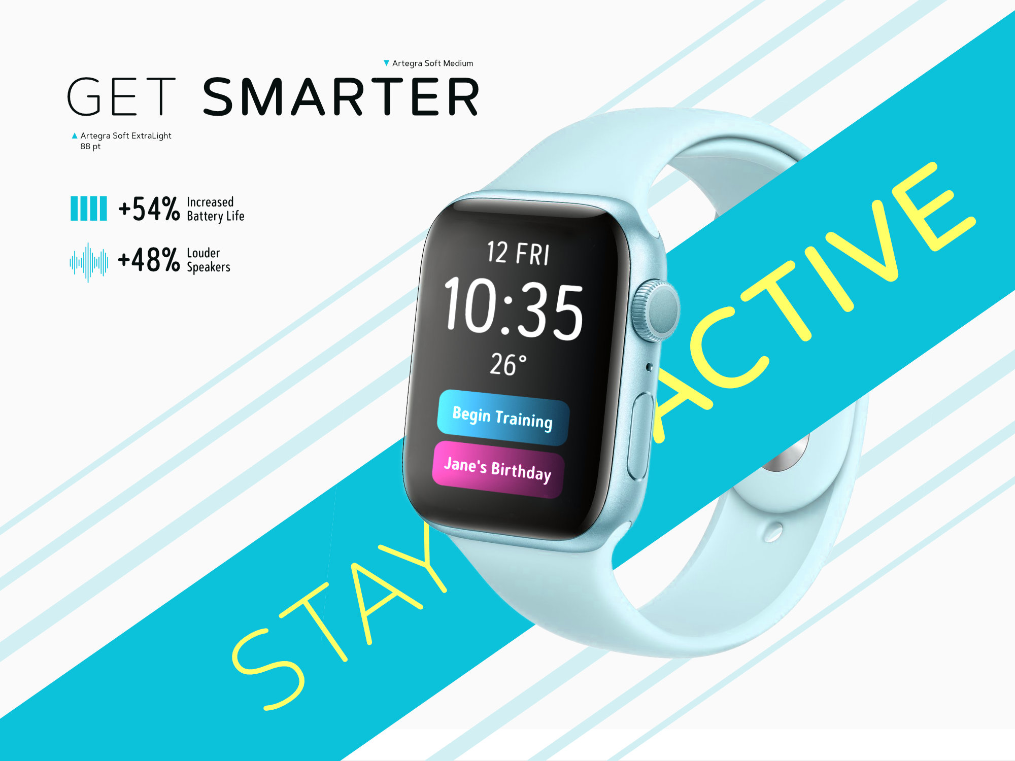 Artegra Soft rounded slab serif typeface featured in a smartwatch advertisement design