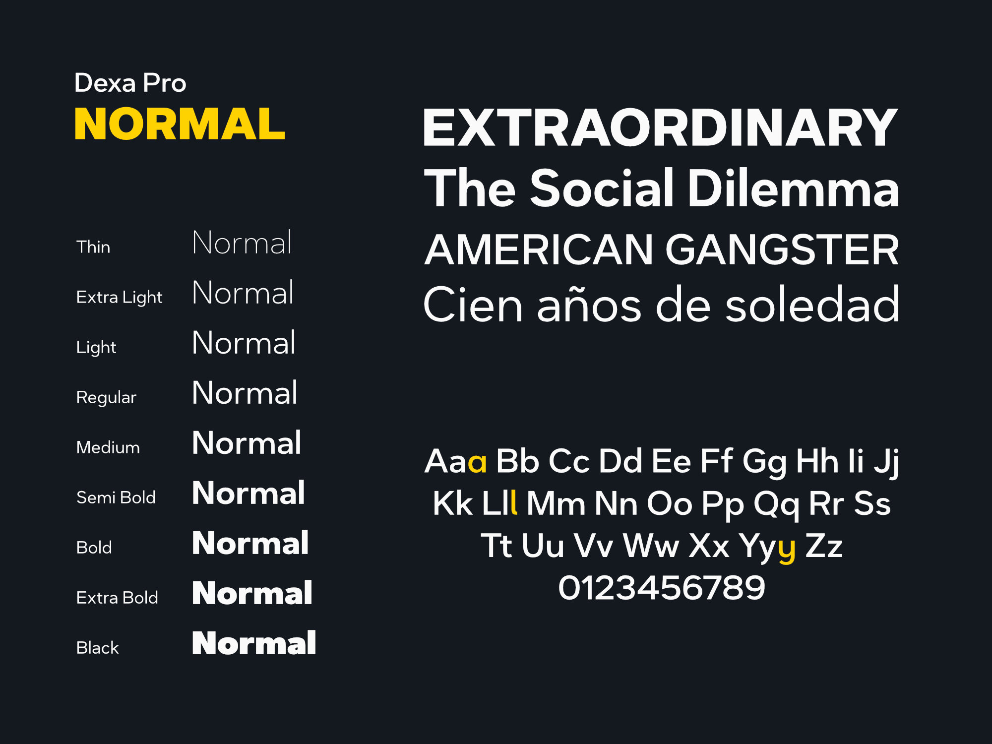 Dexa Pro sans serif typeface displaying its basic character set