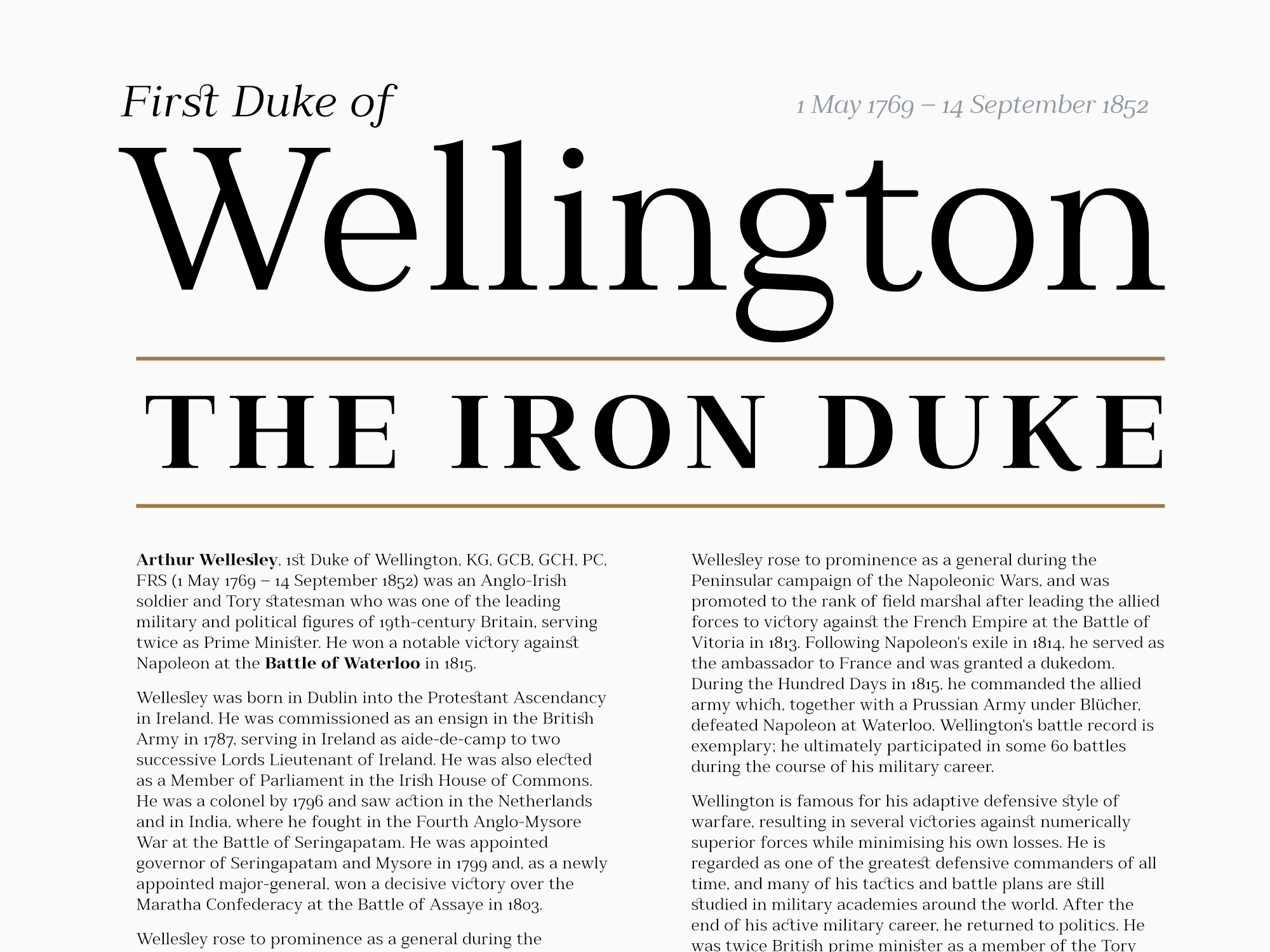 Millard serif font featured in a newspaper-style layout, showcasing classic readability