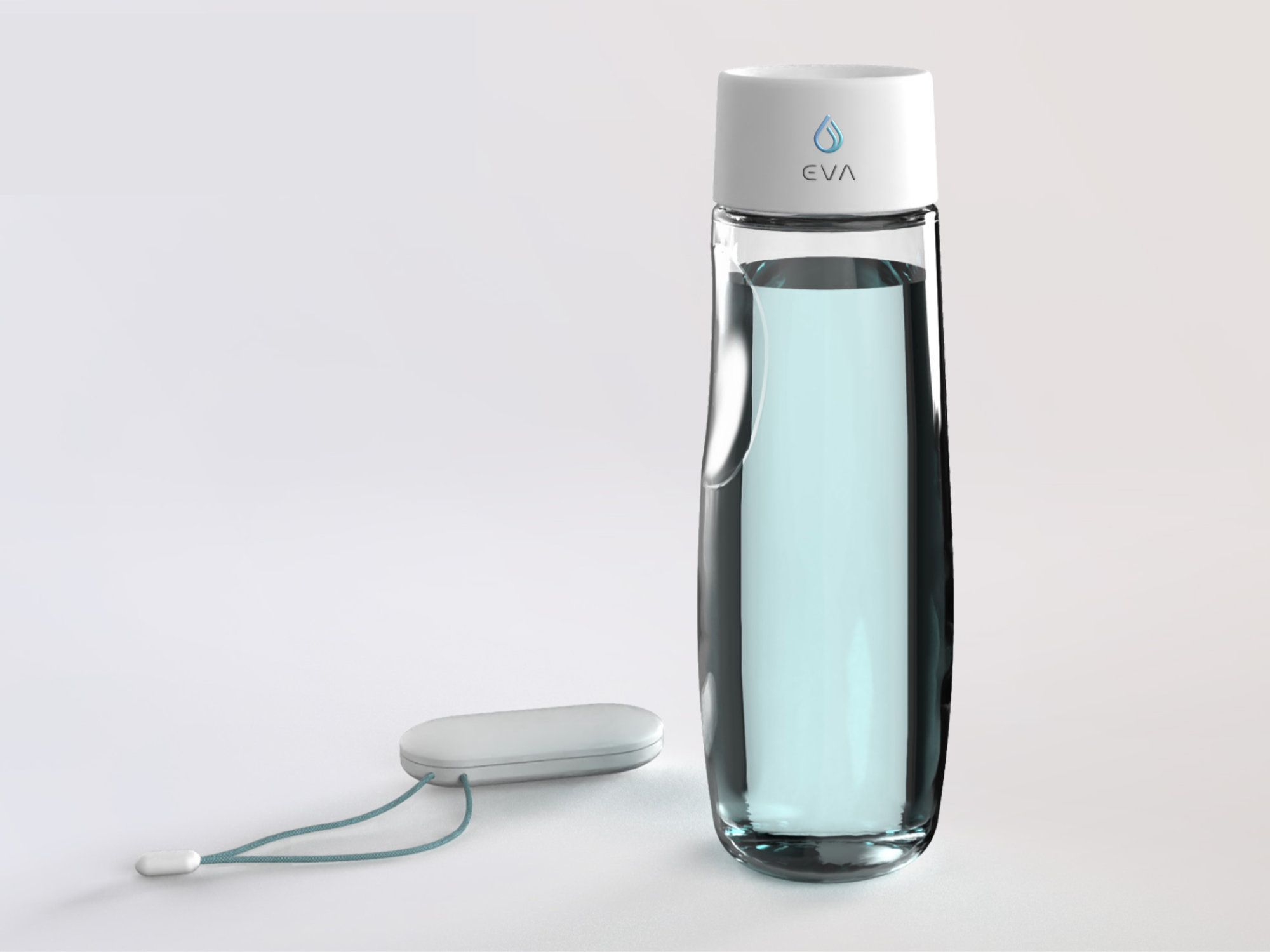 EVA electronic water bottle with smart cap and tracker, measuring water intake and syncing with a health monitoring app for patient hydration tracking.