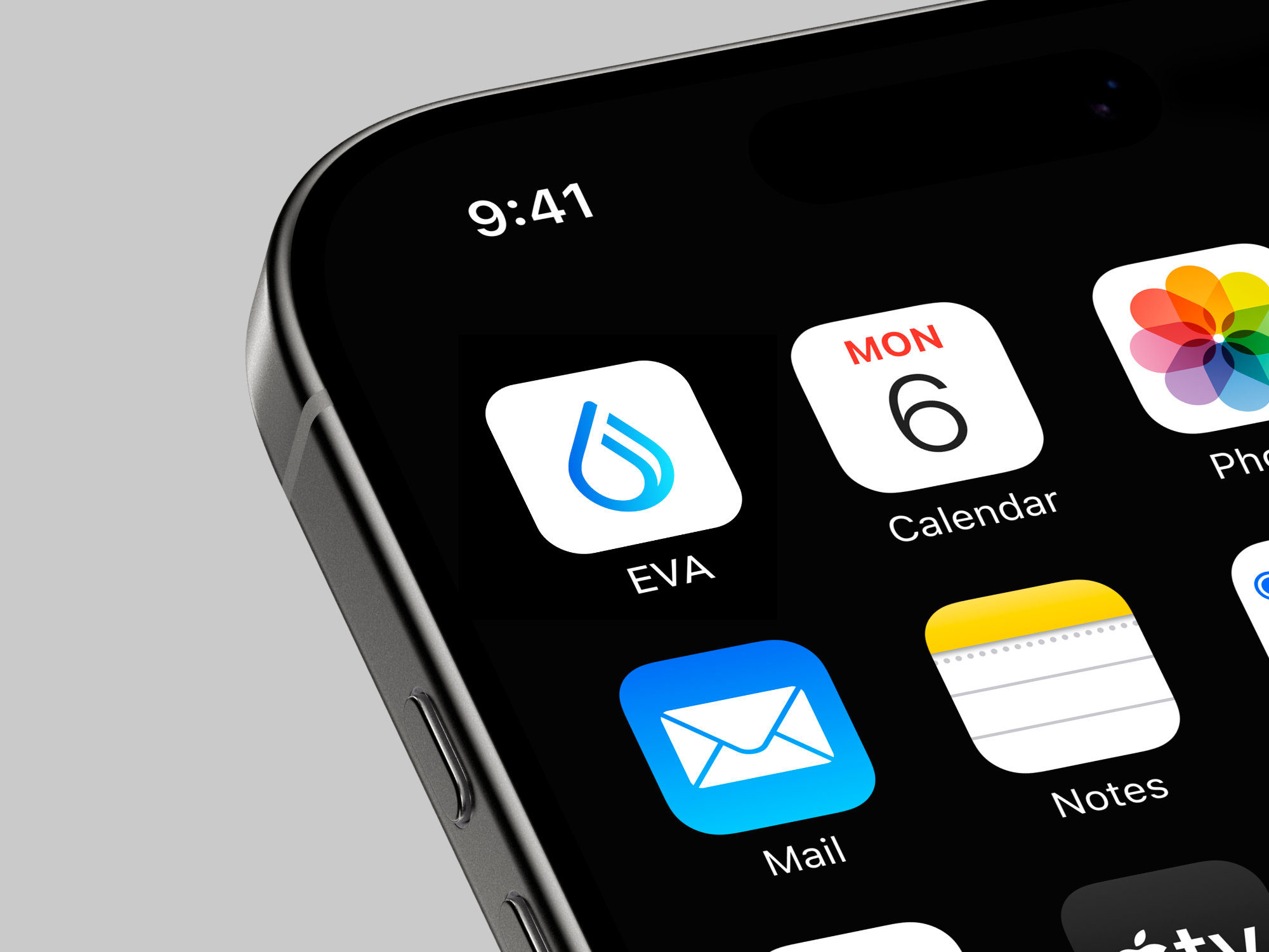 EVA app icon on iPhone applications screen, representing a medical hydration tracker designed for nephrologists to monitor patients’ health data.
