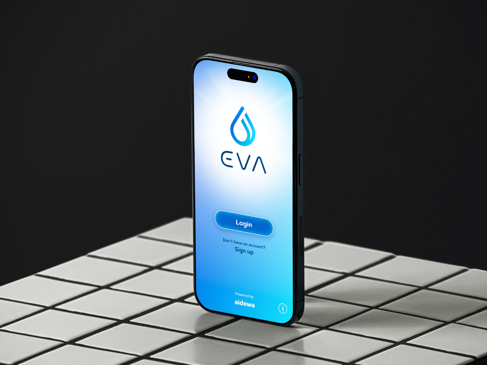 EVA health tracking app login screen on smartphone, with a blue gradient UI, custom water-drop logo, and clean medical-themed interface design.