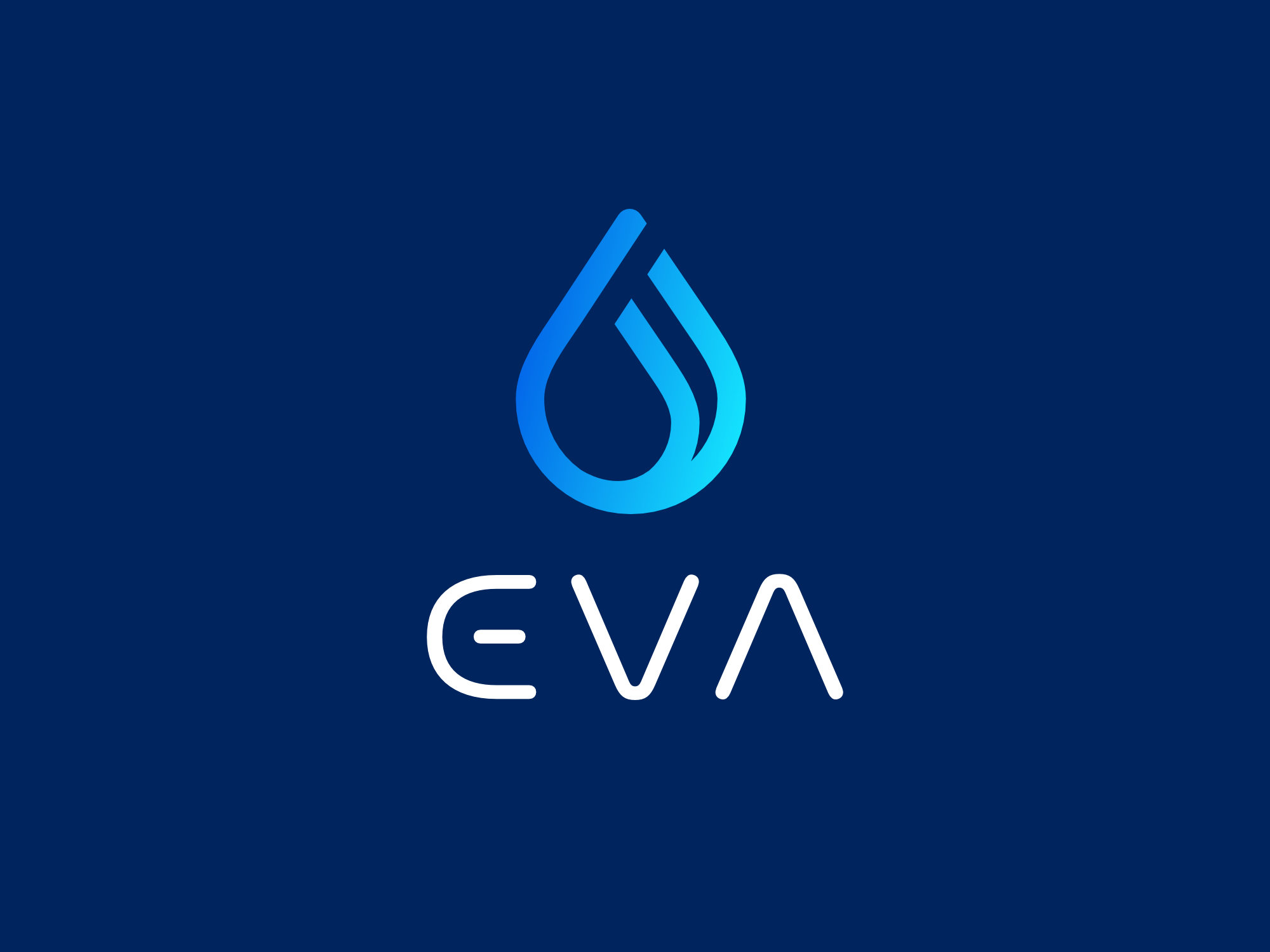 EVA logo with custom wordmark and icon displayed on a dark blue background, representing a smart hydration tracking app for medical professionals.
