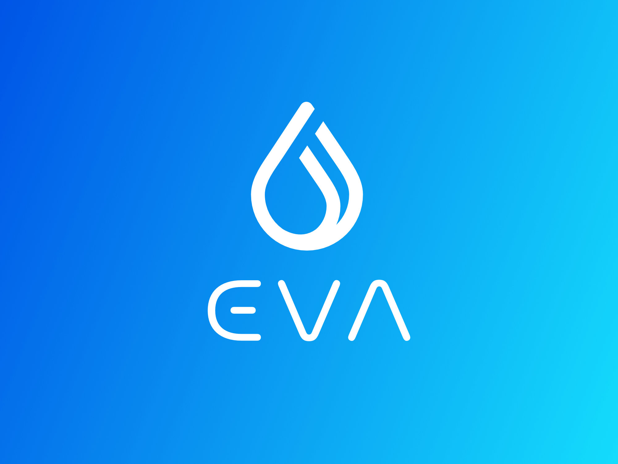 White version of the EVA logo with custom typography and icon on a blue gradient background, designed for a smart hydration tracking health app.