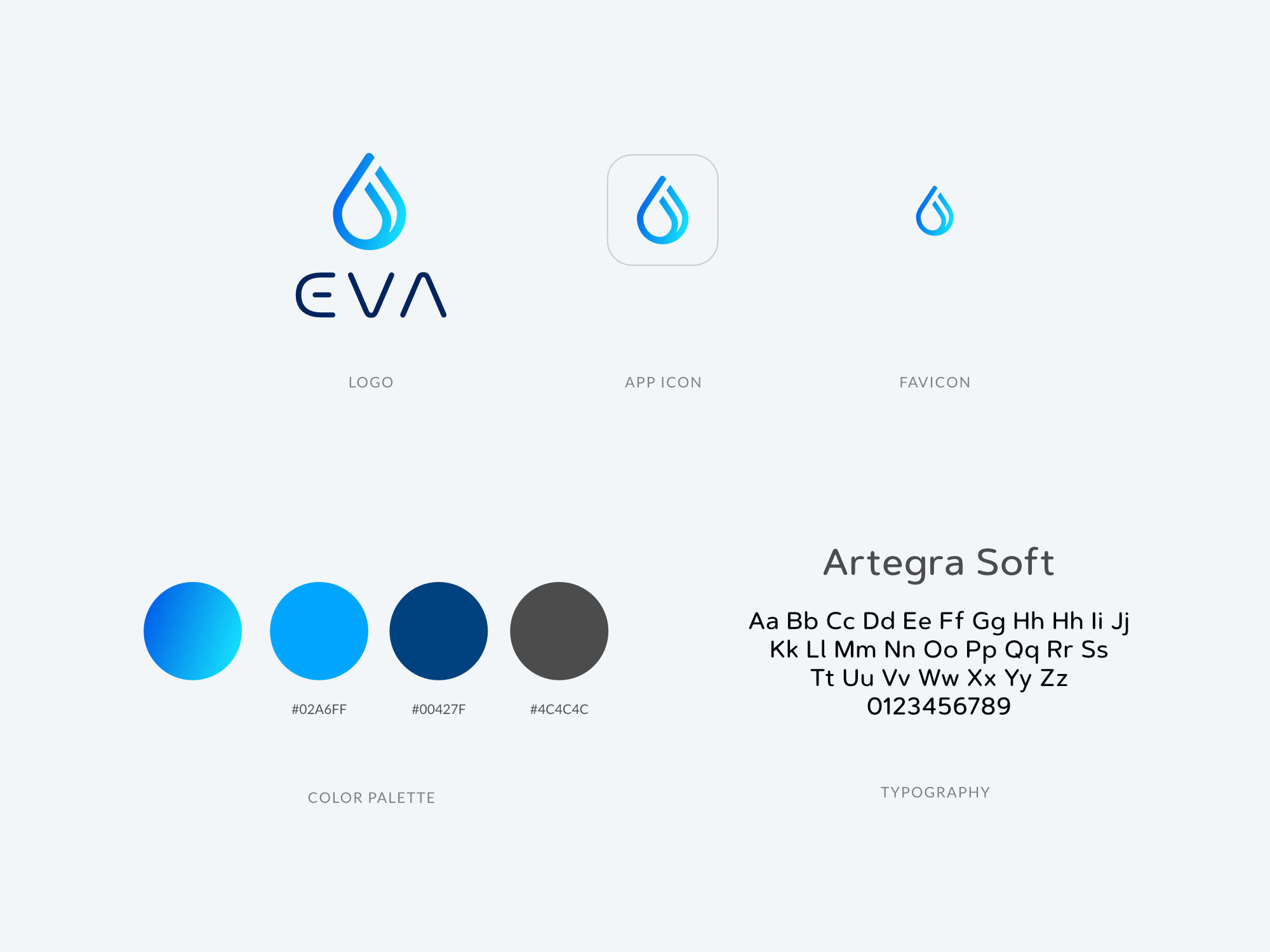EVA health app brand guidelines showing color palette and typography selection for UI/UX design and logo consistency.