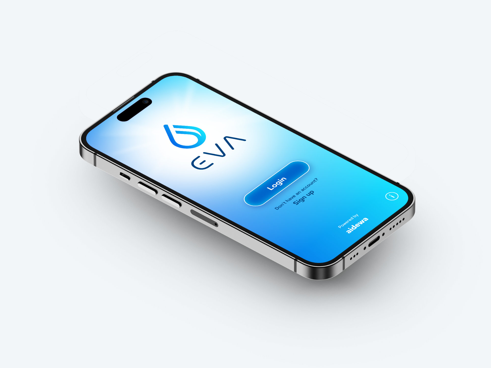 EVA app login interface displayed on an iPhone for smart water bottle hydration tracking