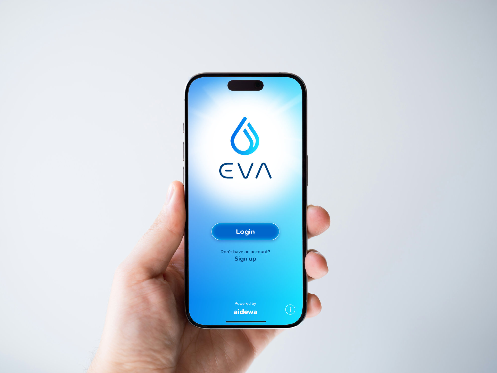 Hand holding an iPhone showing the EVA app login screen for tracking kidney patient hydration and health metrics