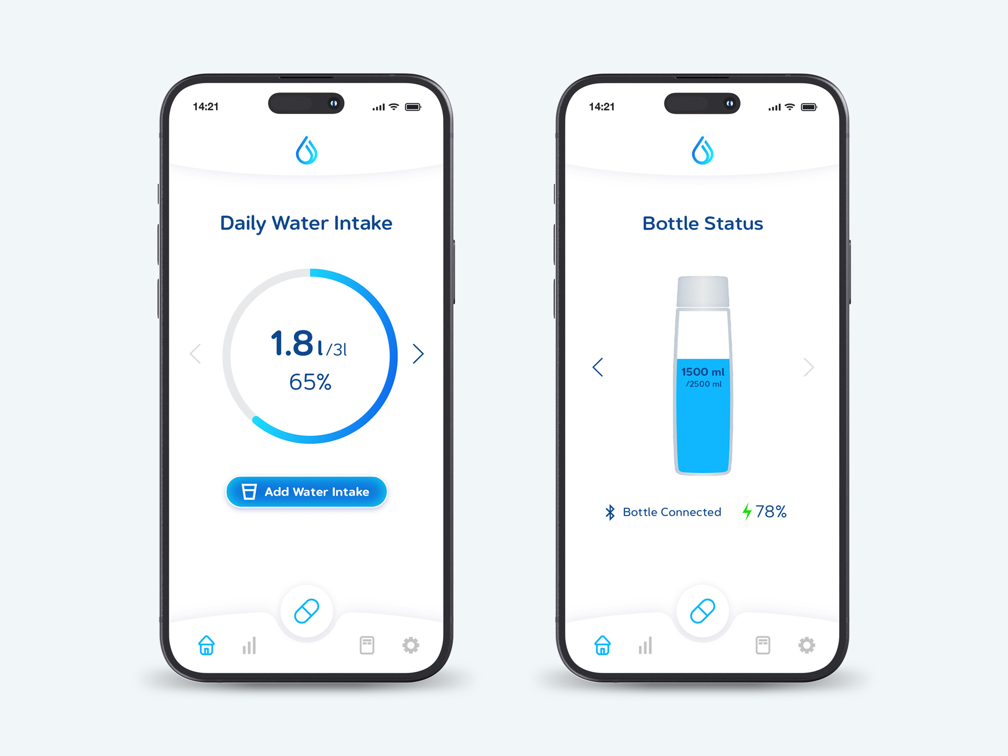 EVA app user interface design displaying screens for hydration tracking, urination logs, and patient health metrics