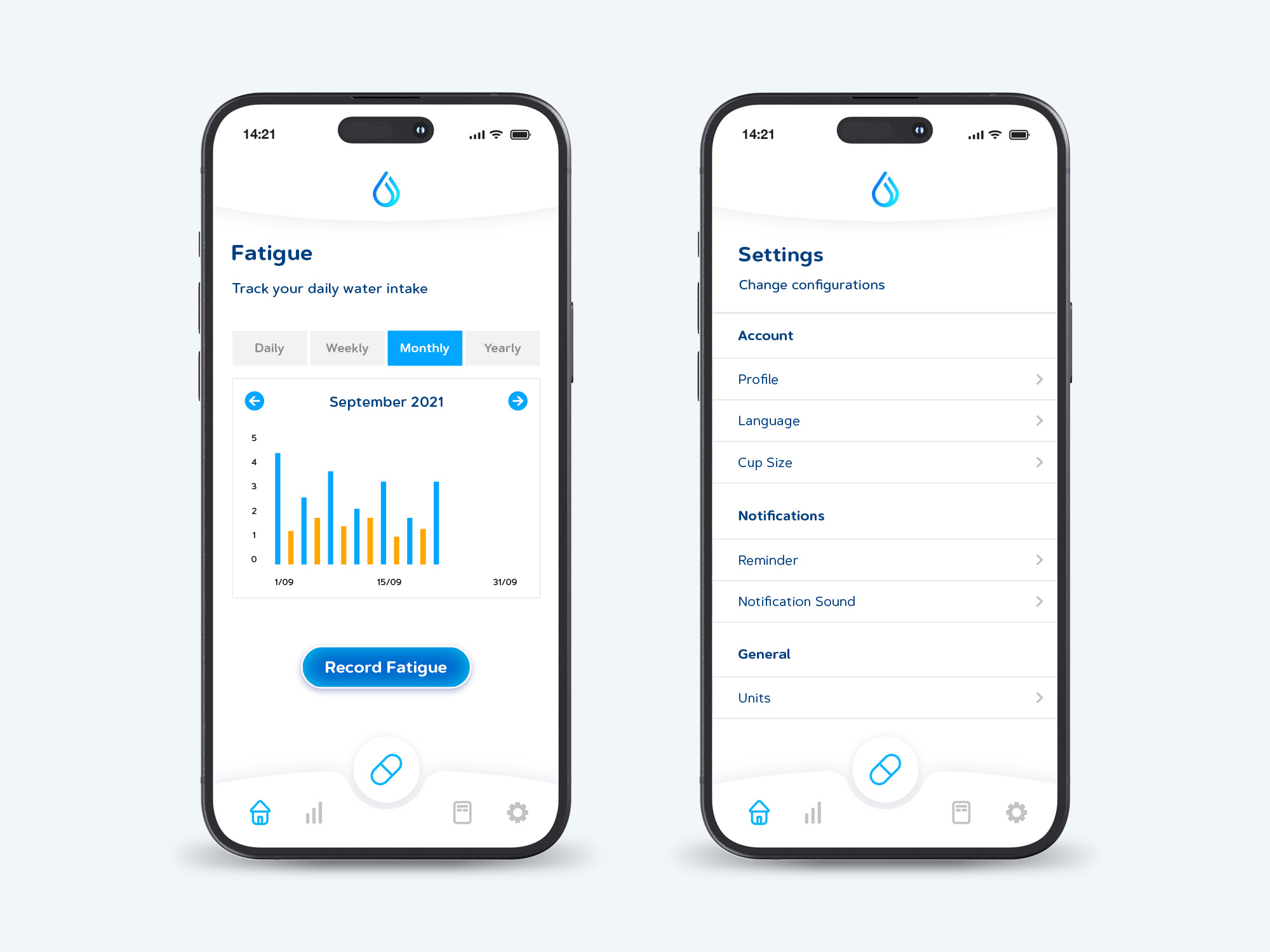 Mobile screens of EVA app showing UI design for tracking hydration, fatigue, and urination in kidney patients
