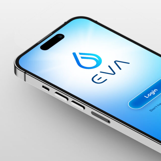 EVA mobile app login screen on a smartphone, showcasing a modern blue logo and clean user interface for tracking patient hydration and fatigue levels.