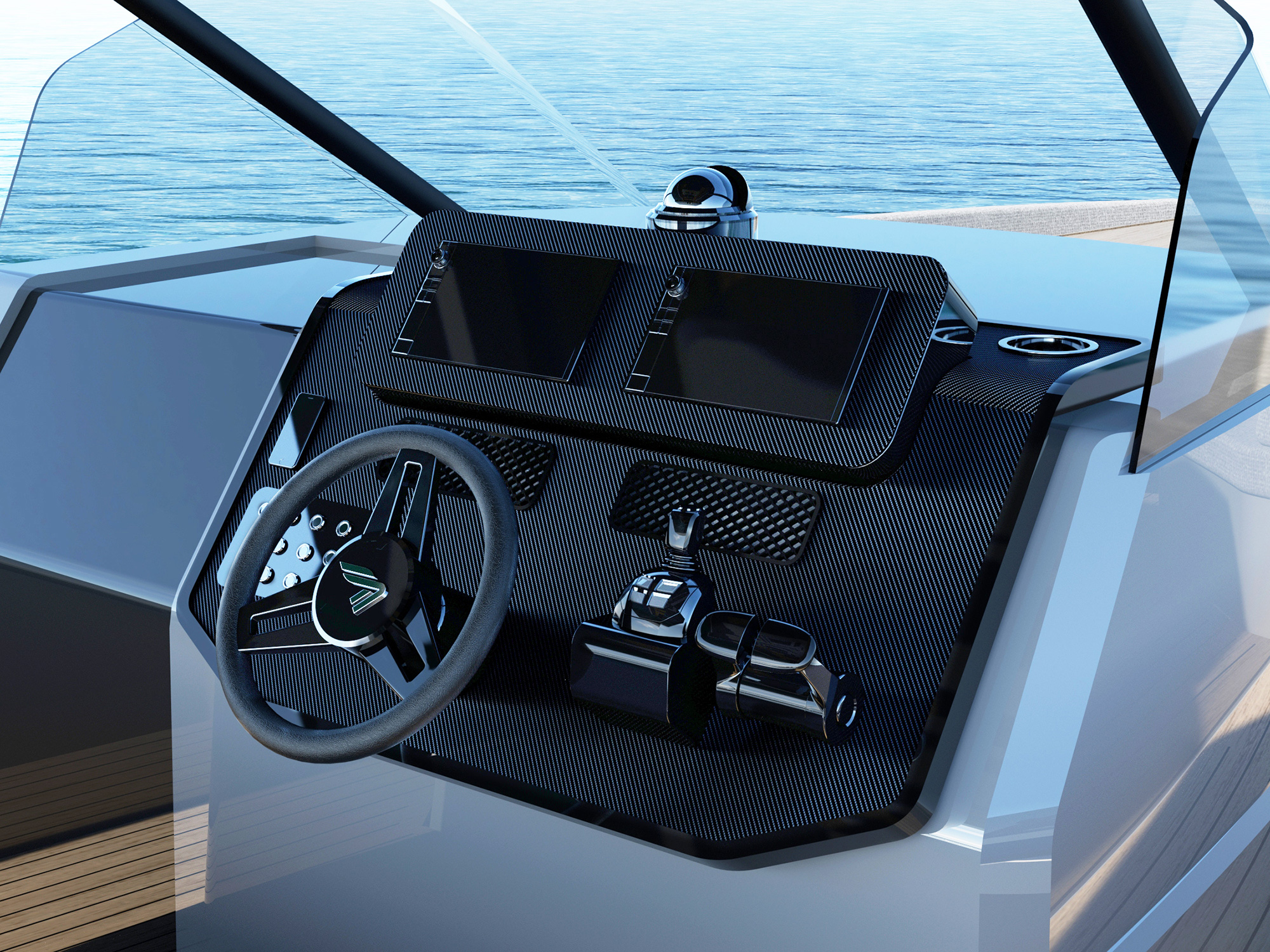 Luxury yacht helm station with Navise Yachts logo on the steering wheel.