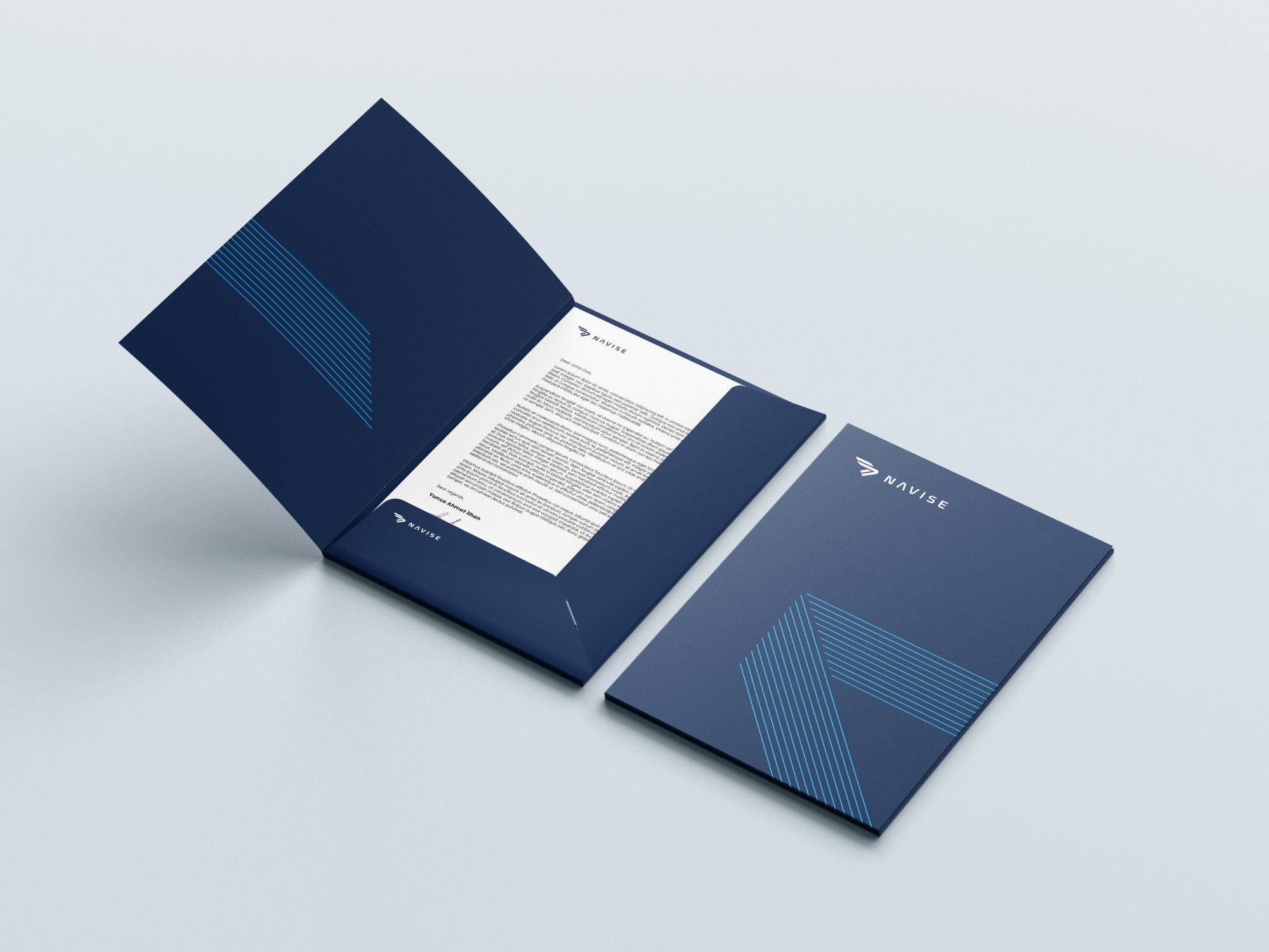 Branded folder design for Navise Yachts showcasing professional identity and minimalist layout