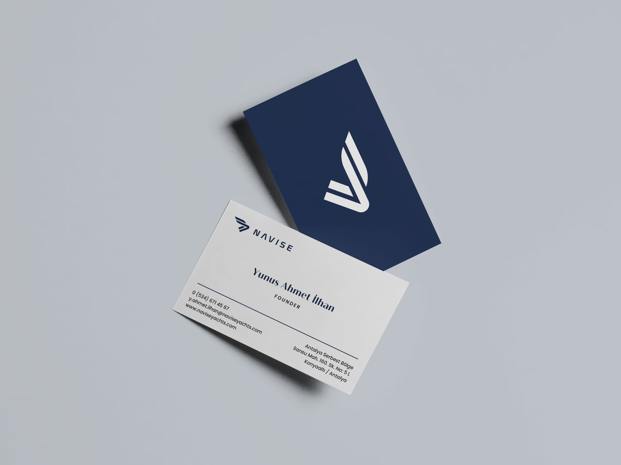 Elegant business card design for Navise Yachts with modern typography and clean layout