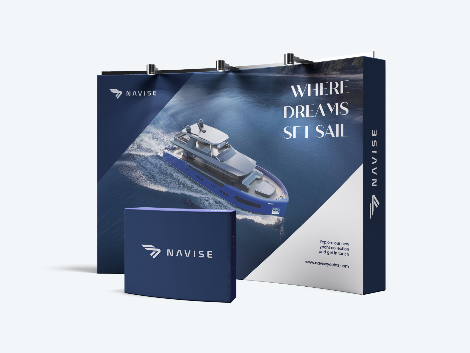 Navise Yachts custom exhibition stand featuring brand visuals and modern design elements
