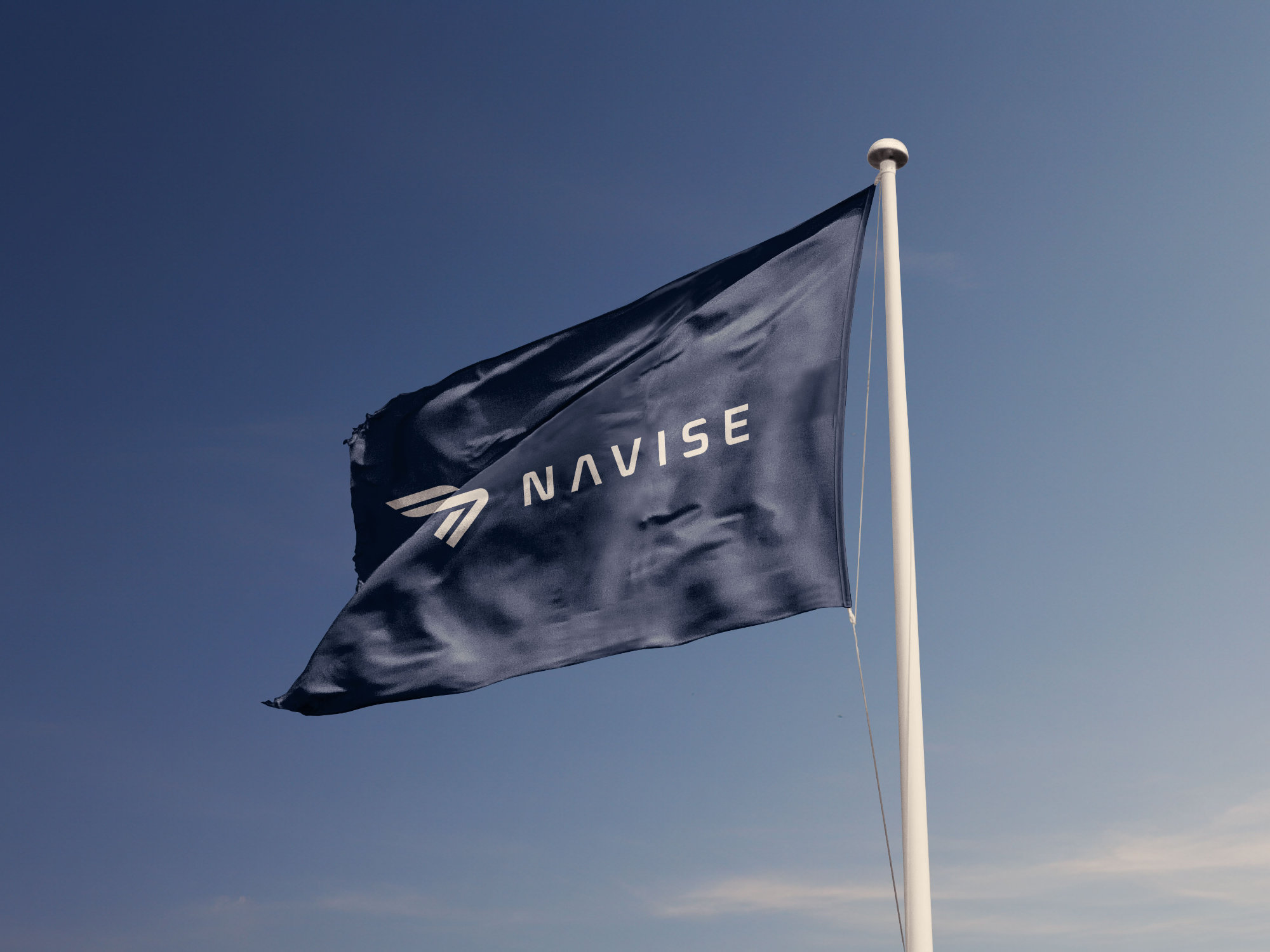 Blue flag with Navise Yachts logo symbolizing brand presence and elegance in maritime settings