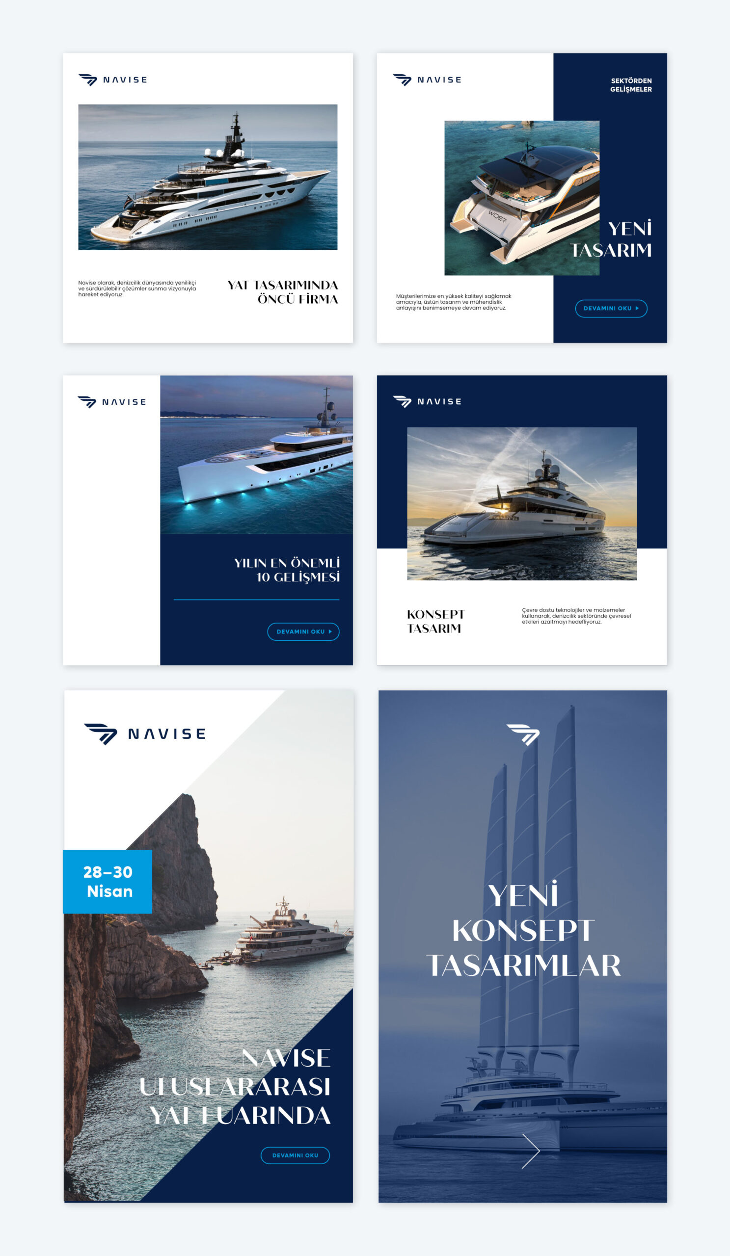 Navise Yachts social media post and profile designs with clean, premium brand visuals