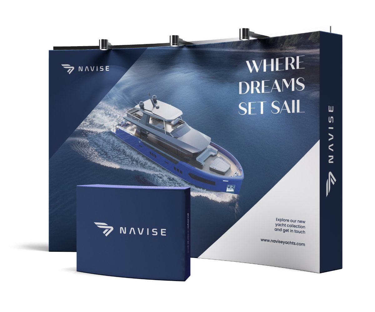 Navise Yachts promotional stand design with luxury yacht graphic and slogan "Where Dreams Set Sail"