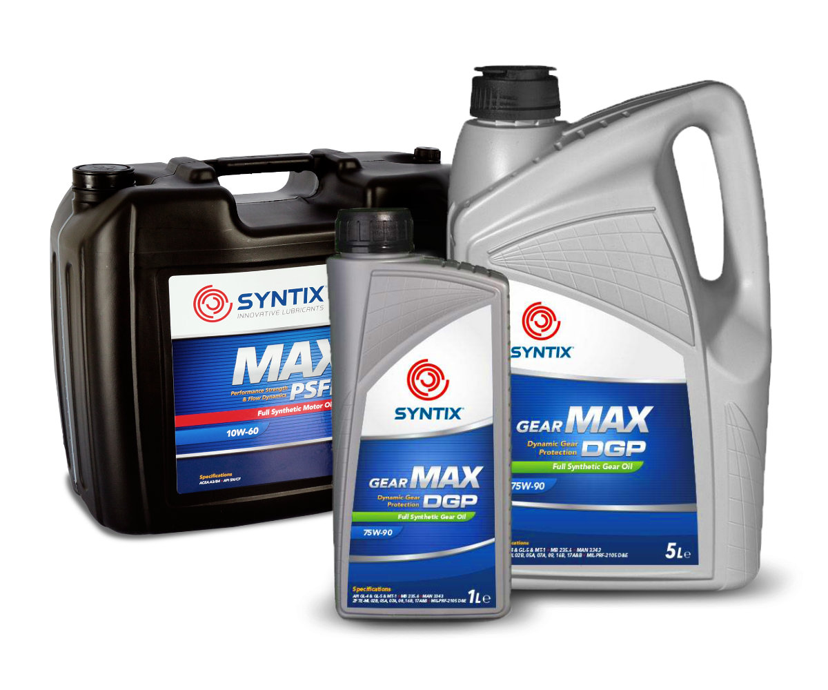 Syntix motor oil packaging lubricant containers in various sizes