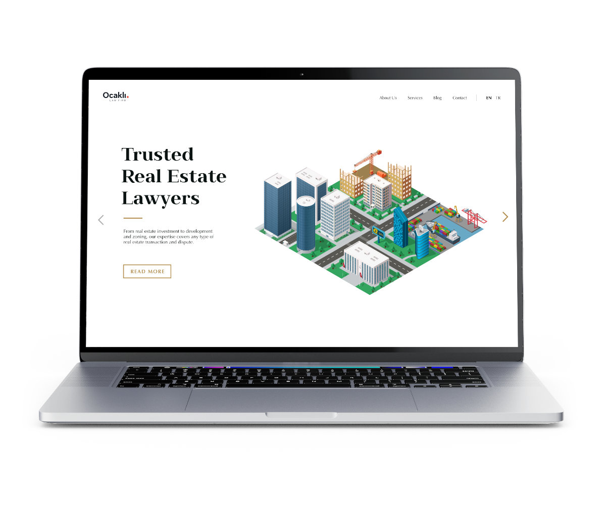Website design for Ocaklı Law on a laptop screen, showing real estate legal services layout