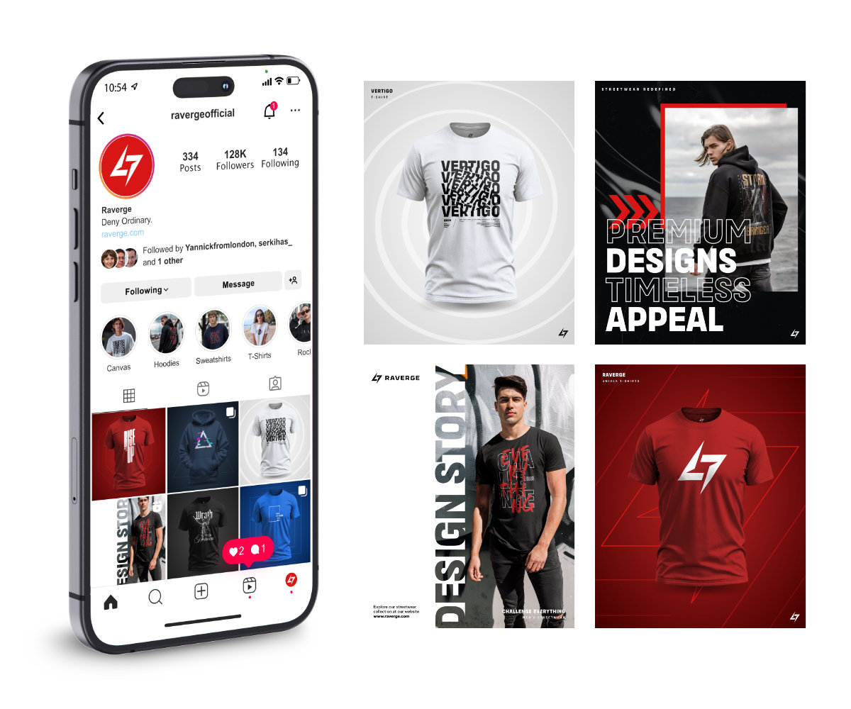 Social media design examples including post templates, profile mockups, and branded content visuals