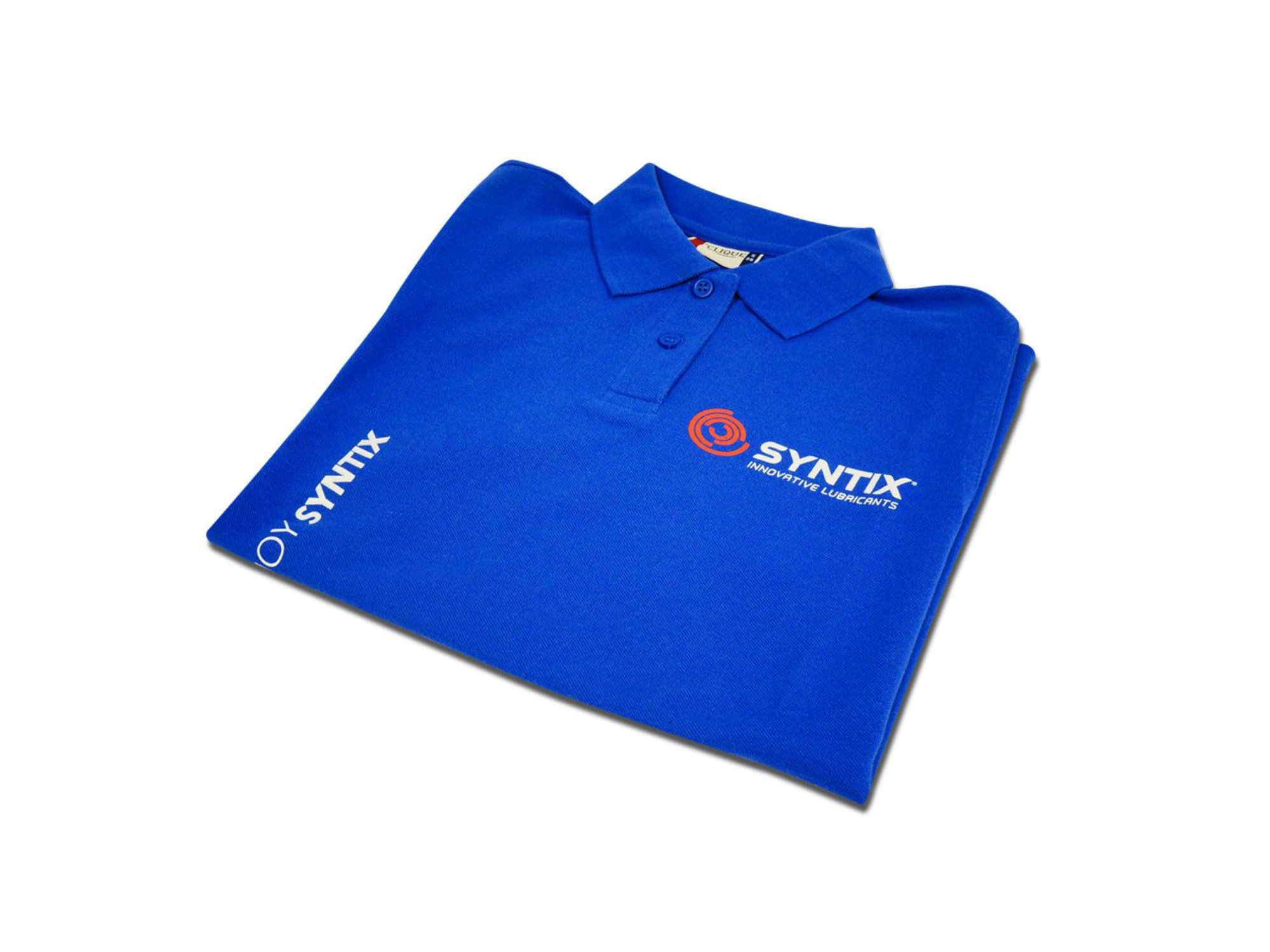 Syntix-branded navy blue polo shirt with embroidered logo on chest