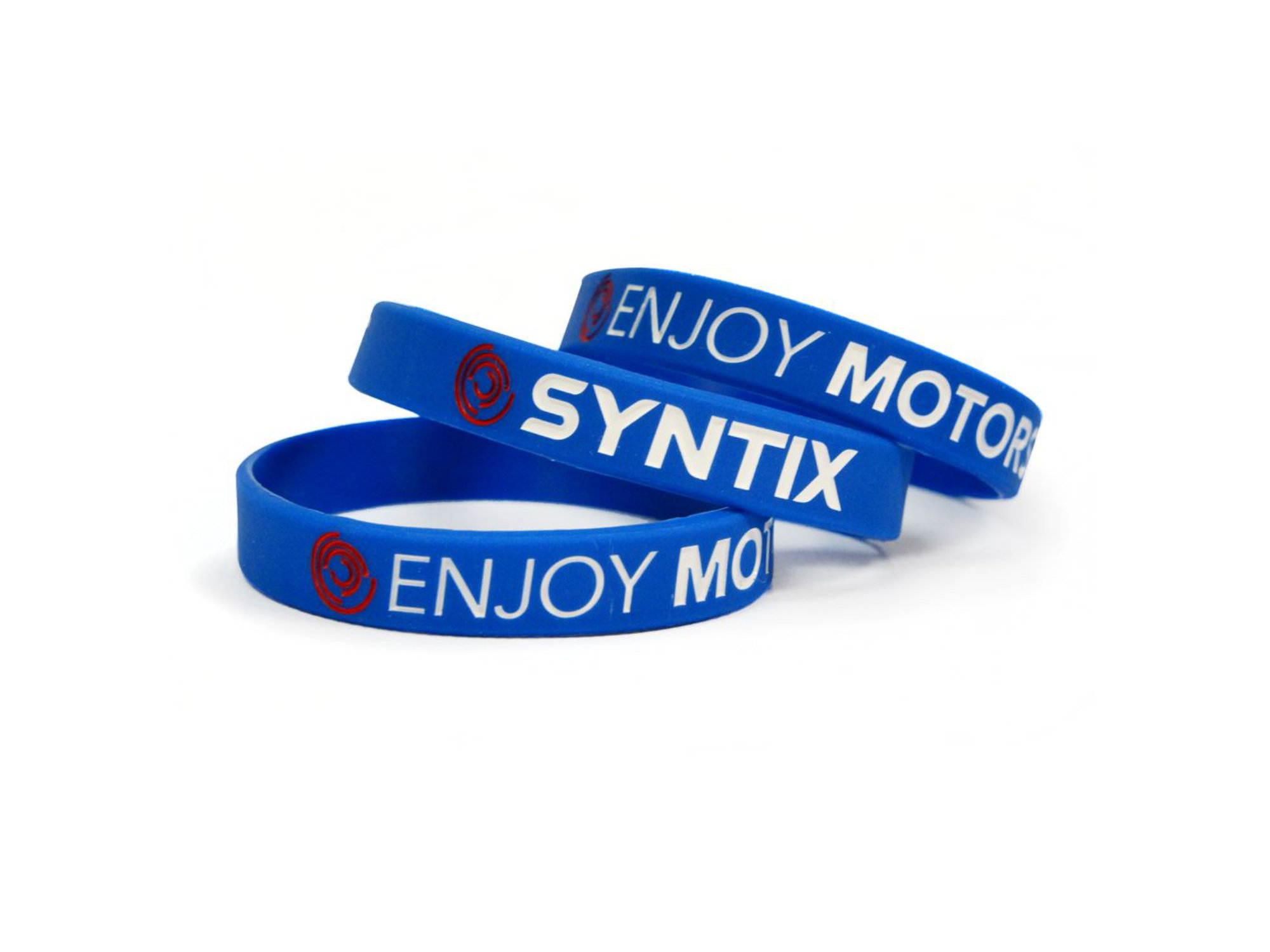 Syntix-branded wristbands in red and blue with logo and slogan, used as promotional merchandise