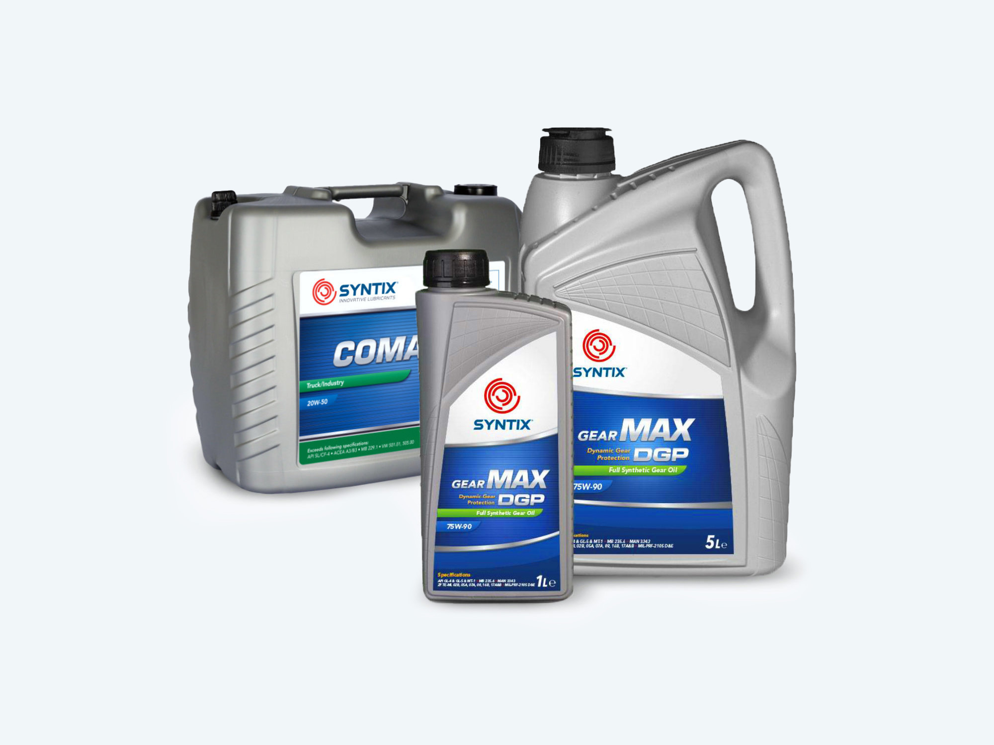 Syntix motor oil packaging featuring branded boxes with bold graphics and product labels
