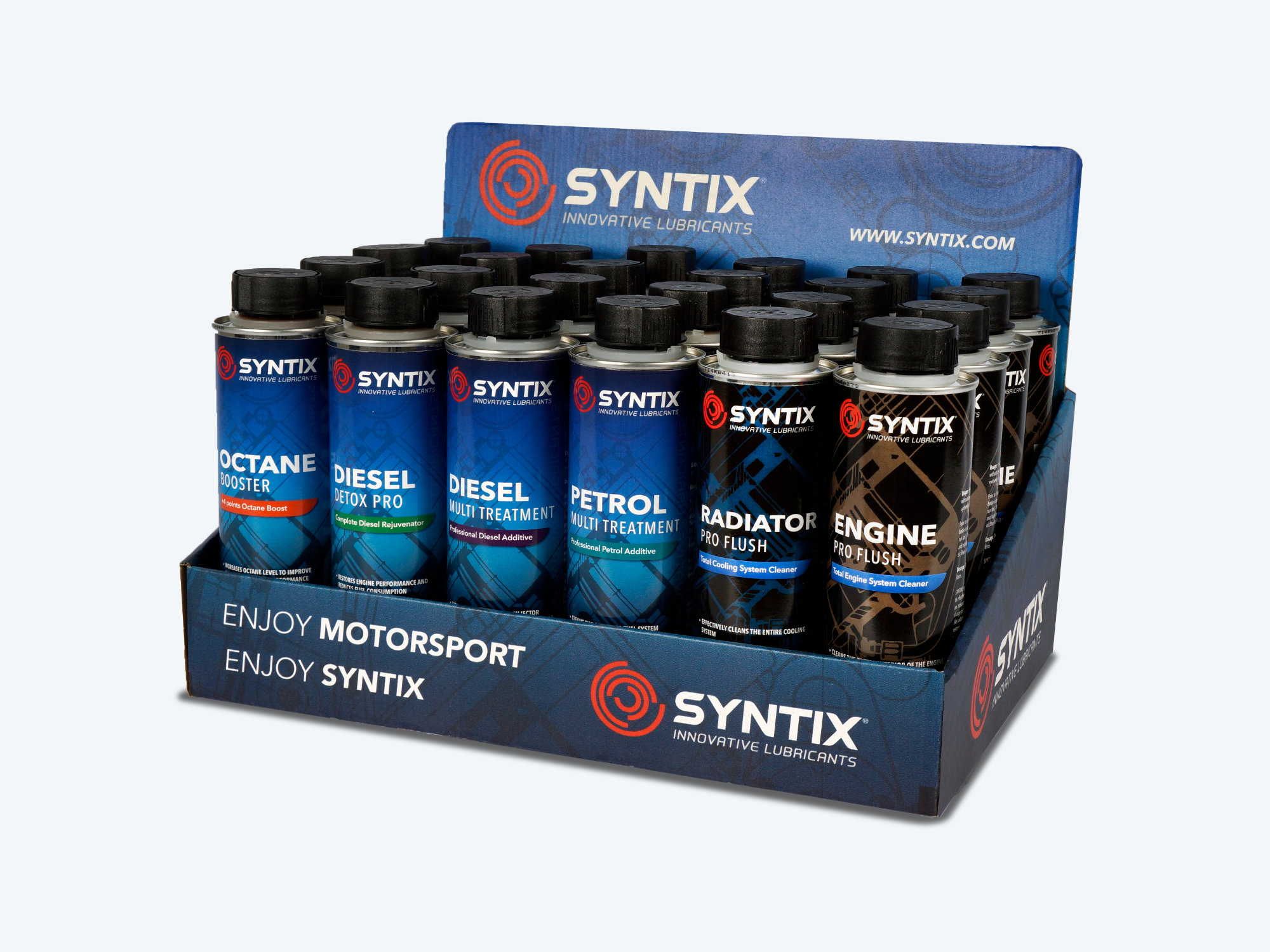 Various Syntix engine lubricant containers featuring branded packaging in different sizes and product types