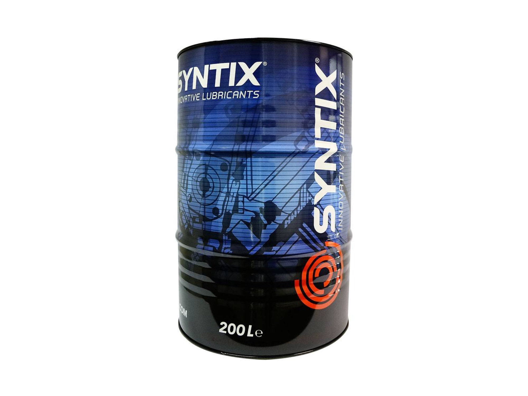 Large Syntix-branded oil barrel featuring the logo and red-blue color scheme, used for bulk engine lubricants