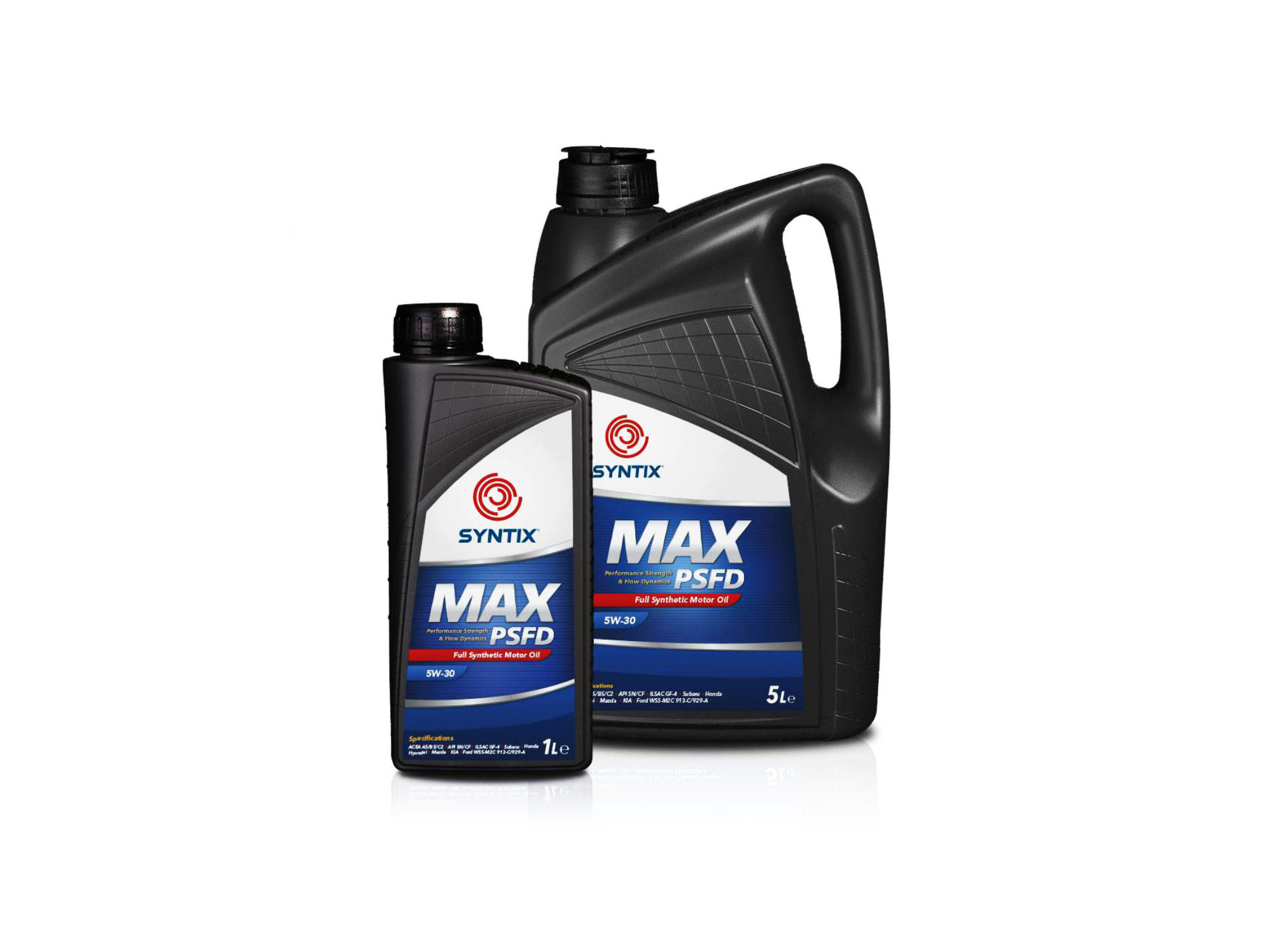 Syntix MAX PSFD motor oil bottle with premium packaging design, featuring bold branding and technical specifications