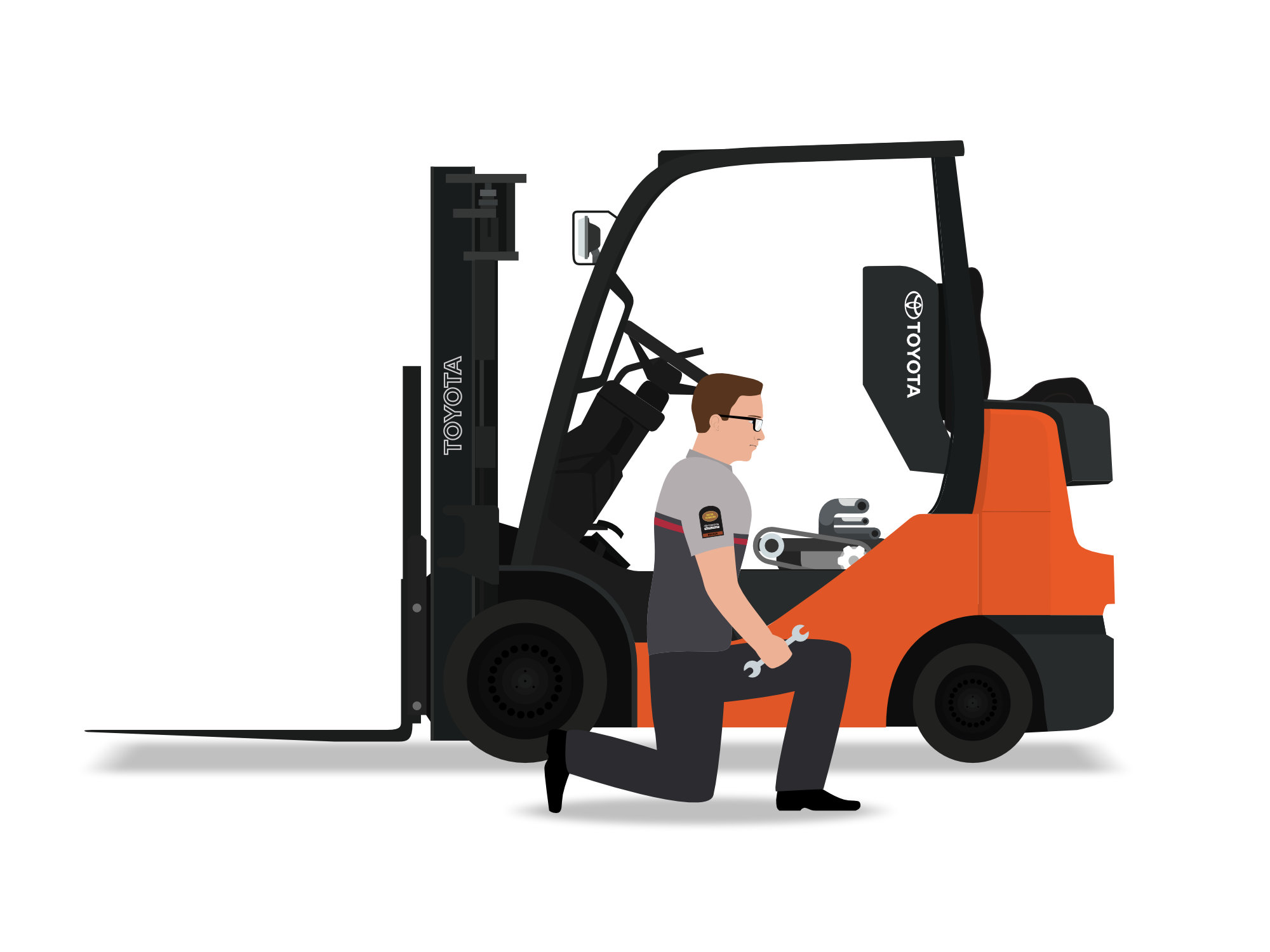 Illustration of Toyota forklift with technician performing maintenance for motion graphics animation